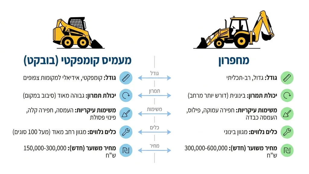 בובקט ומחפרון חונים זה לצד זה באתר בנייה